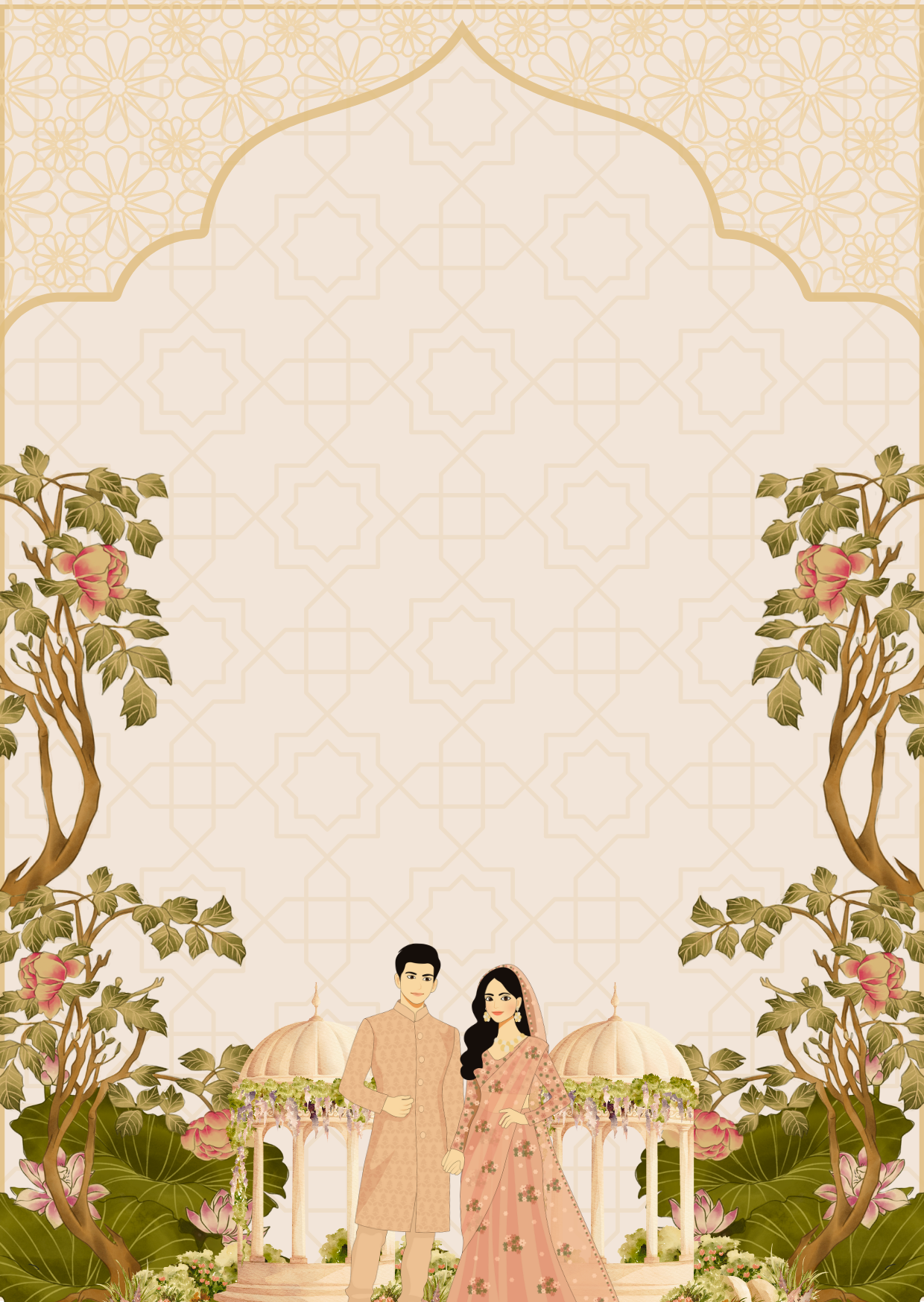 Green & Gold Traditional Elegant Illustrated Indian Wedding Invitation card